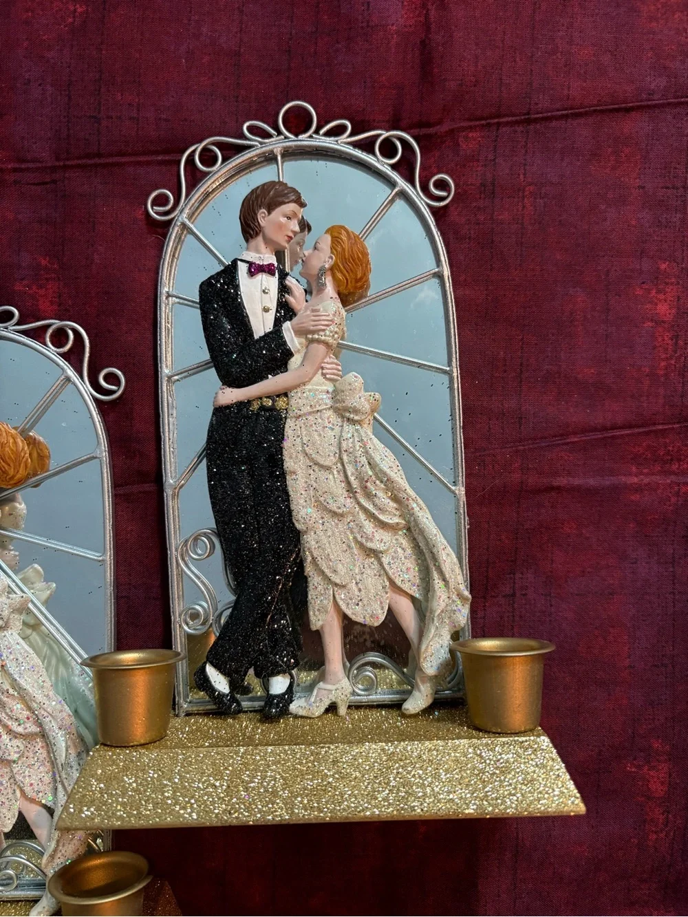 Set of 3 Wedding Bride & Groom Candleholders with Mirrored Backdrop & Gold Base